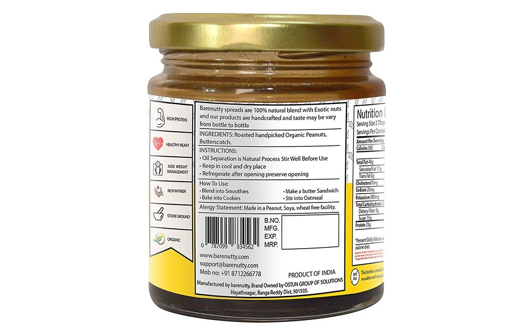 Barenutty Hypogea Peanut Butter Butterscotch   Glass Jar  200 grams